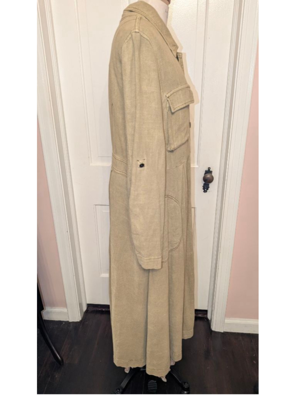 Free People Rainz Duster Jacket Linen Viscose Long Trench Coat Pockets Size Smal - Picture 3 of 9